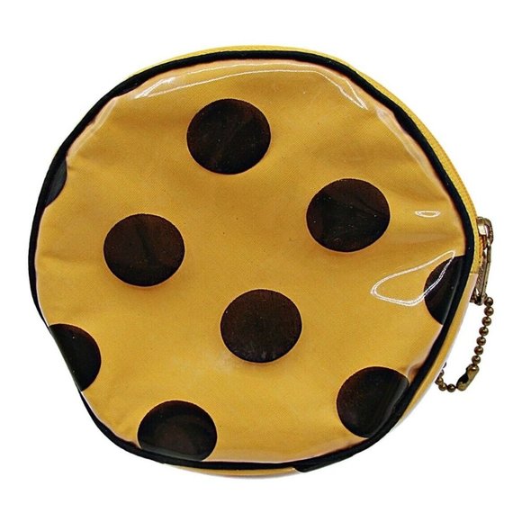 Trina Coin Purse Yellow Black Round Shaped Zip Around Polka Dot Vintage Made USA - Picture 1 of 7